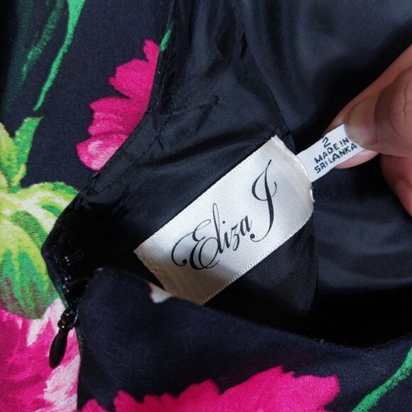 Eliza J Dress Women's 2 Black Rose Print Belted Boat Neck Sleeveless Party - Picture 15 of 16